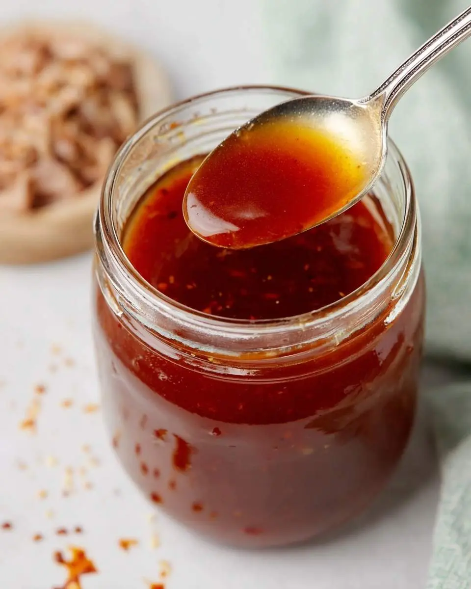 A spoonful of rich, dark red Carolina Vinegar BBQ Sauce being lifted from a clear glass jar, showing chili flakes.