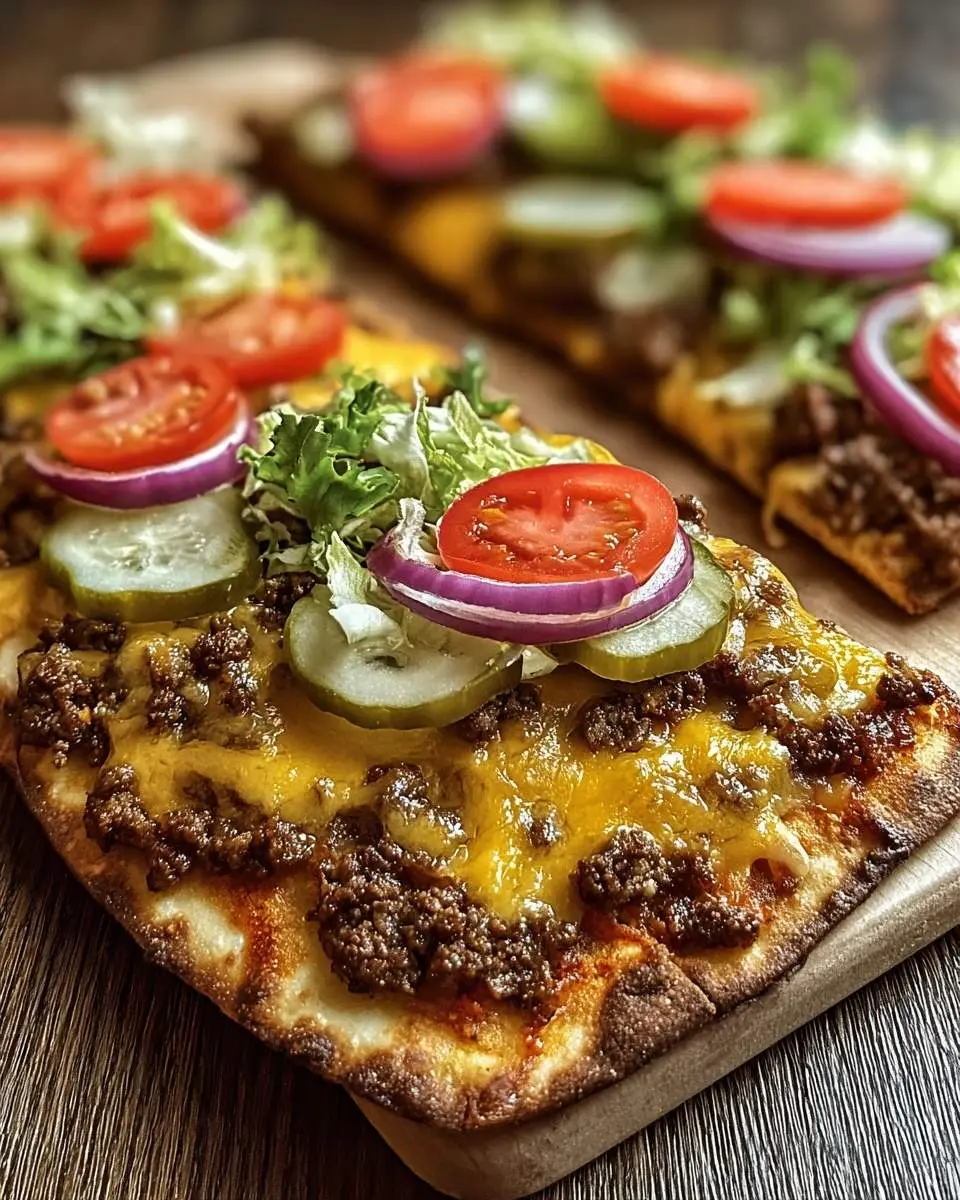 Close-up of golden-brown Cheeseburger Flatbreads loaded with seasoned beef, melted cheddar, pickles, red onion, lettuce, and tomatoes.