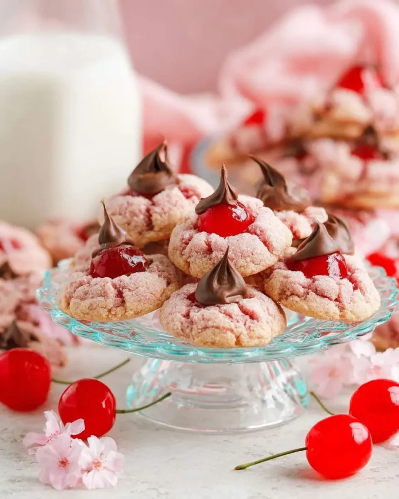 A close-up of delicious pink Cherry Blossom Cookies with chocolate and cherries stacked on a glass cake stand, alongside a bottle of milk.