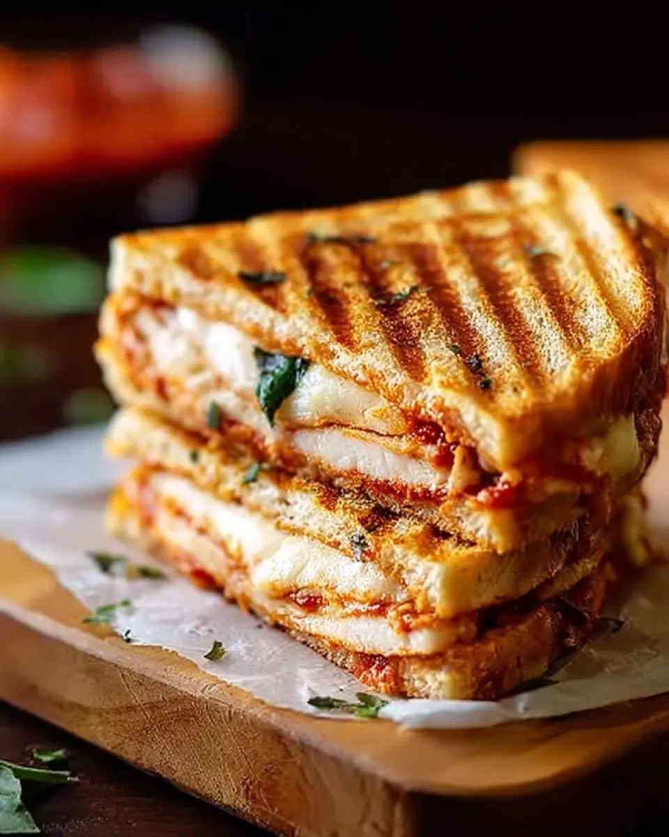 A close-up shot of a perfectly grilled Chicken Parmesan Panini, cut in half and stacked, revealing melted cheese, marinara sauce, and chicken cutlets.