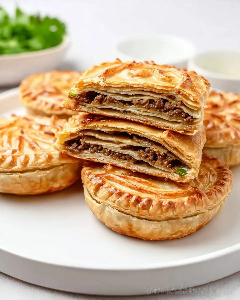 A stack of flaky, golden-brown Chinese Meat Pies revealing layers of savory ground meat filling, with more whole pies on a white plate.