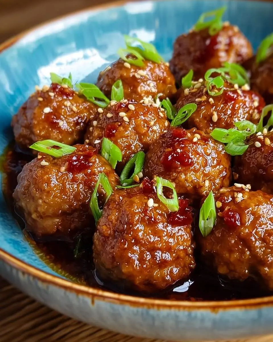 Close-up of a bowl filled with glistening Chinese Meatballs, garnished with sesame seeds and fresh green onions in a rich sauce.