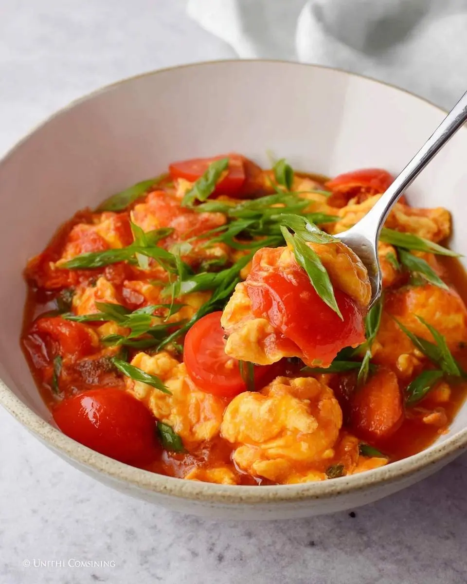 A close-up of a bowl filled with vibrant Chinese Tomato Egg Stir-Fry, garnished with fresh green onions, with a spoon lifting a savory portion.