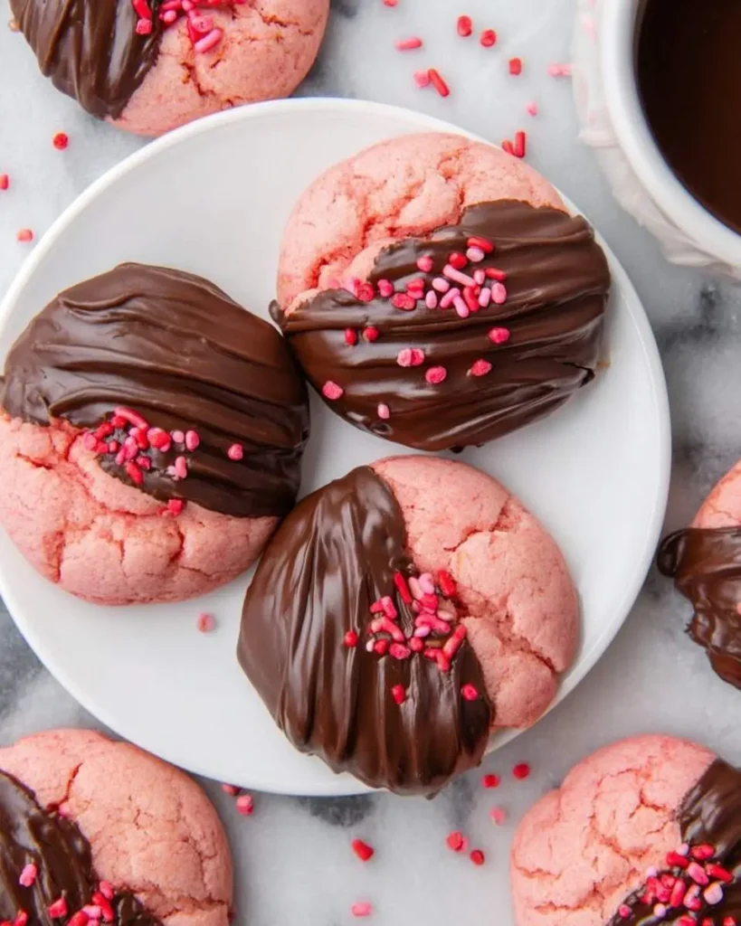 Several vibrant pink Chocolate Covered Strawberry Cookies are half-dipped in rich chocolate and adorned with red and pink sprinkles on a white plate.