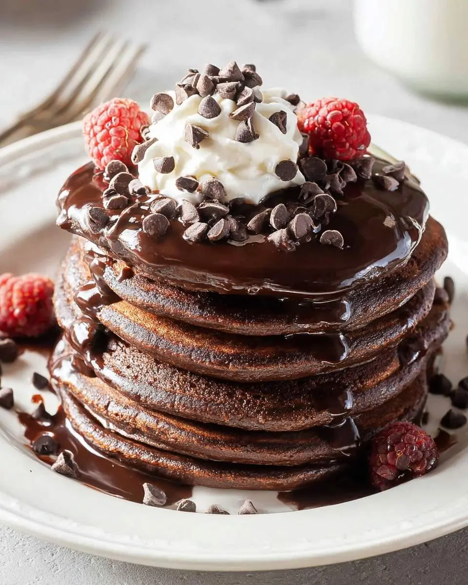 A stack of delicious chocolate pancakes, smothered in chocolate sauce, topped with whipped cream, chocolate chips, and raspberries.