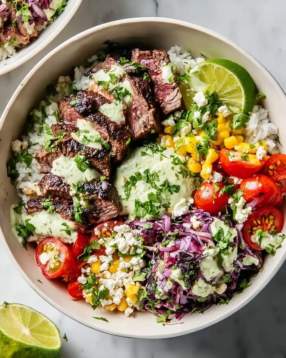 Vibrant cilantro lime steak bowls: grilled steak, rice, corn, tomatoes, red cabbage, feta, creamy dressing, and lime.