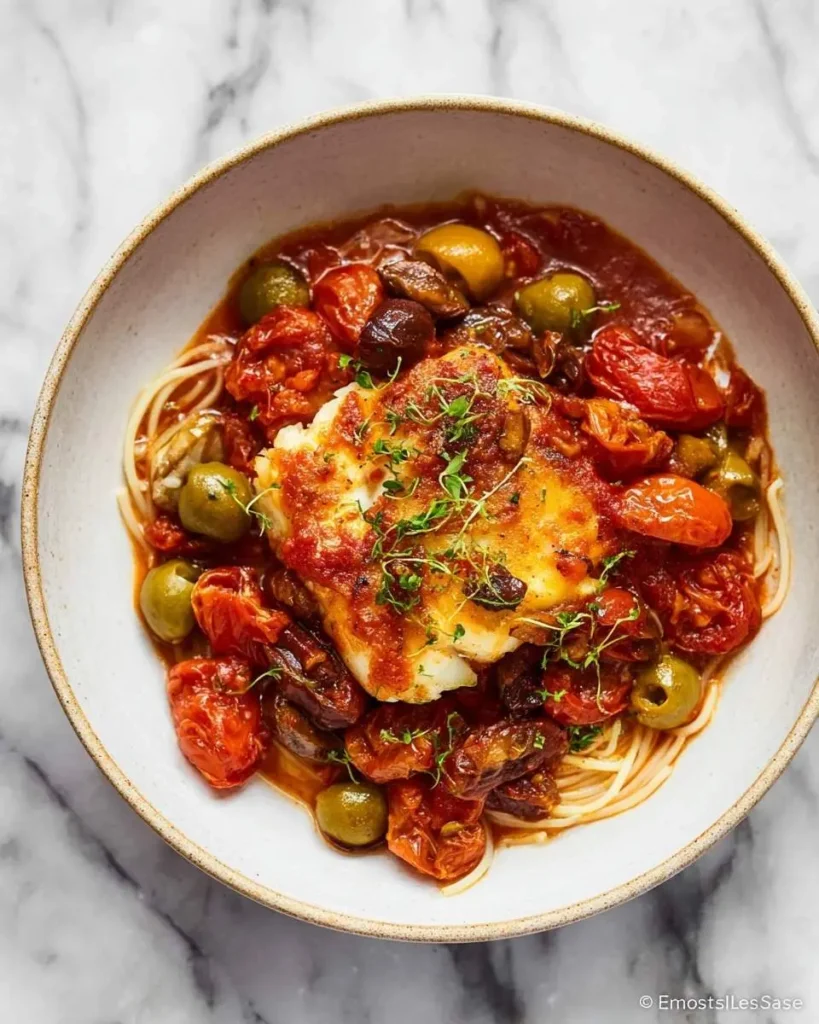 A close-up overhead view of a delicious Cod with Tomatoes dish served in a bowl with olives, pasta, and fresh herbs.