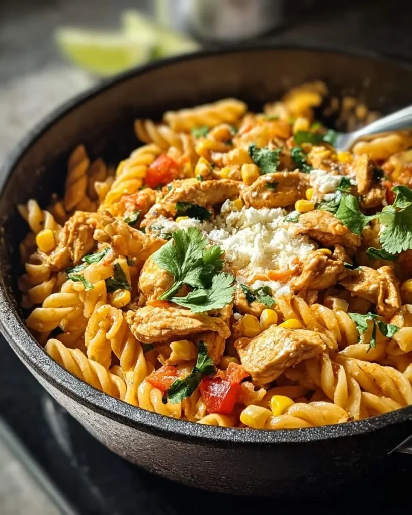 A close-up of a black cast iron skillet filled with vibrant Corn Pasta with Chicken, garnished with fresh cilantro and crumbled cheese.
