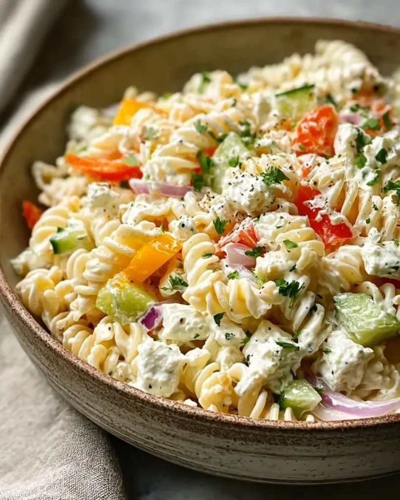A close-up shot of a vibrant bowl of Cottage Cheese and Veggie Pasta Salad featuring fusilli pasta, colorful bell peppers, cucumber, red onion, and fresh herbs.