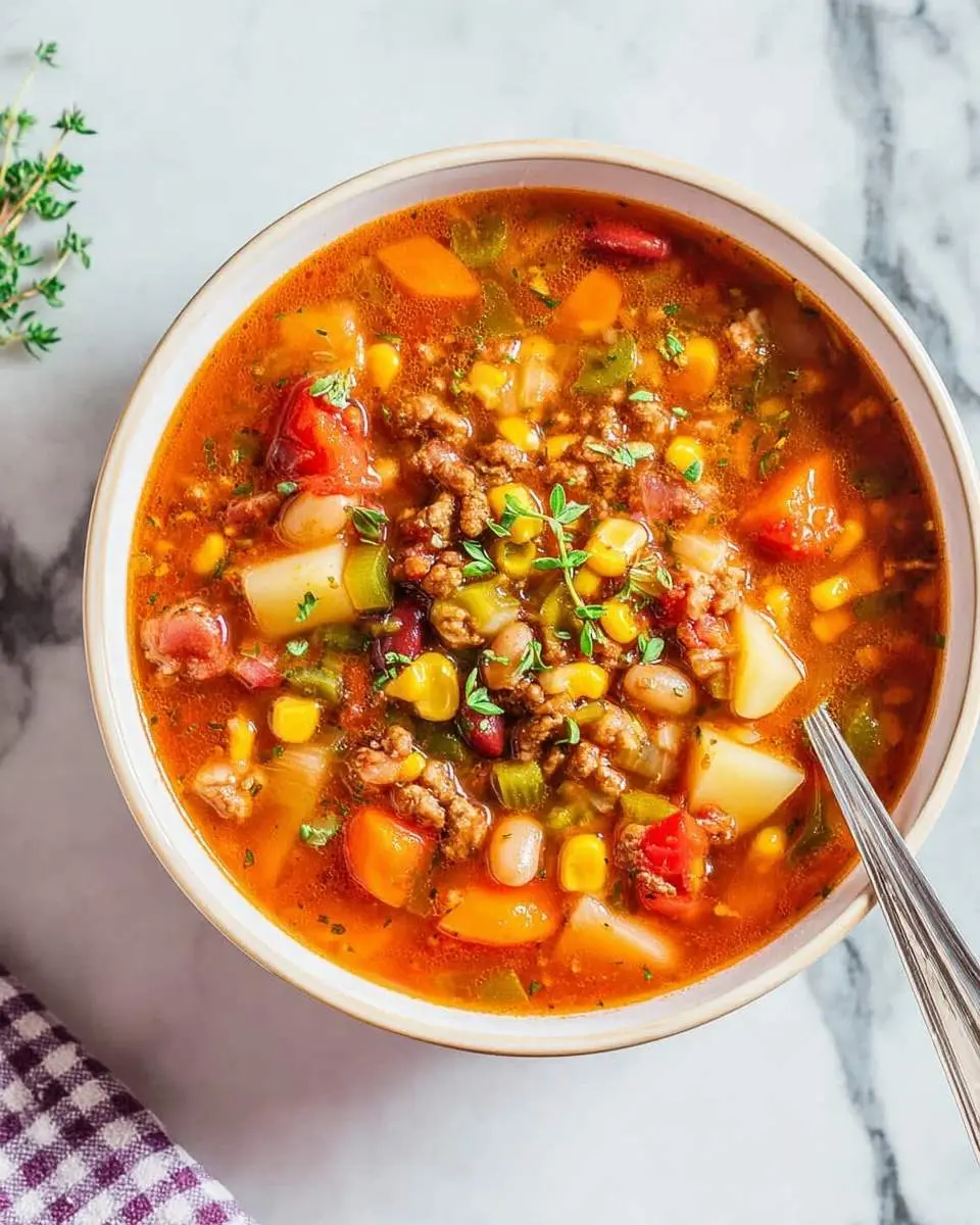 A close-up top-down view of a steaming bowl of hearty Cowboy Soup filled with ground beef, potatoes, carrots, corn, and beans on a marble counter.