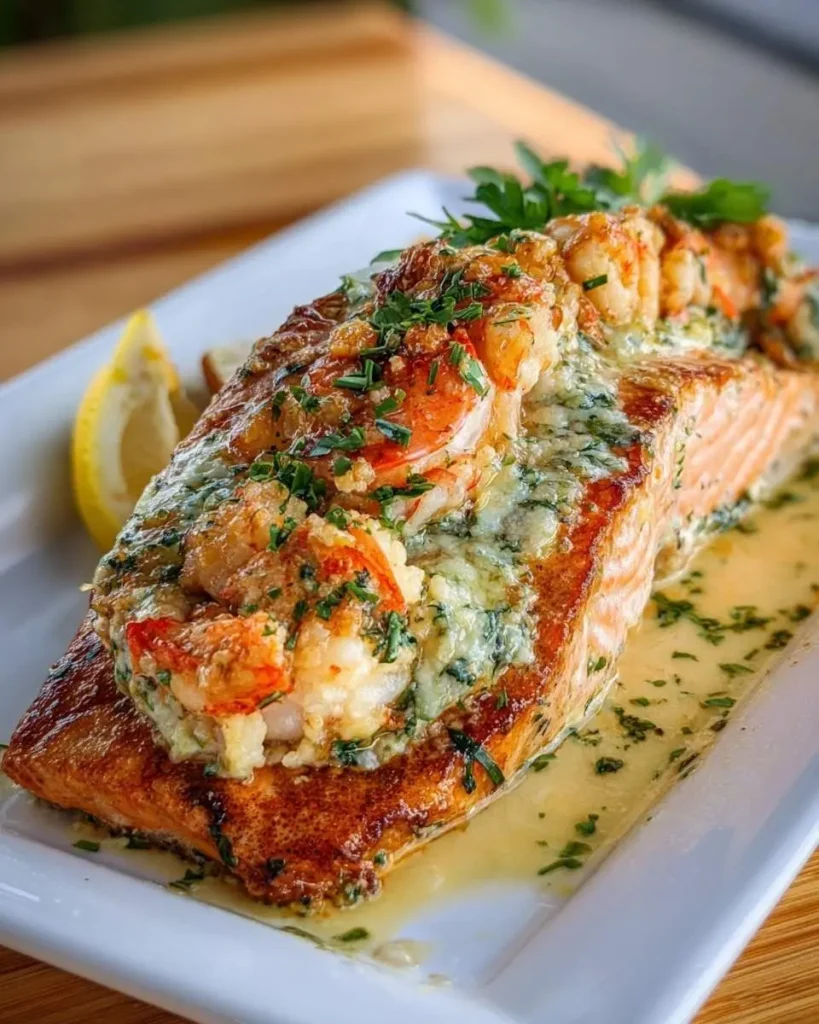 A perfectly cooked Crab and Shrimp Stuffed Salmon fillet topped with a creamy, herbed mixture, served with lemon and butter sauce.