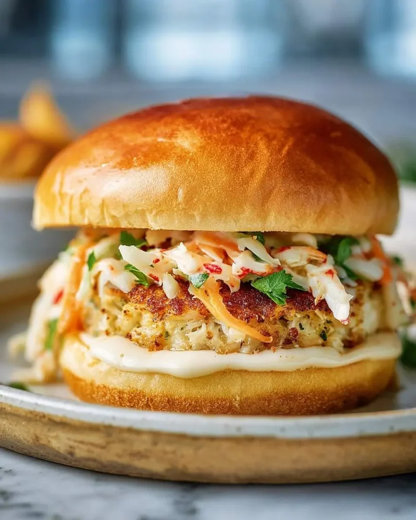 A mouth-watering Crab Cake Sandwich on a golden brioche bun, topped with creamy coleslaw and a white sauce.