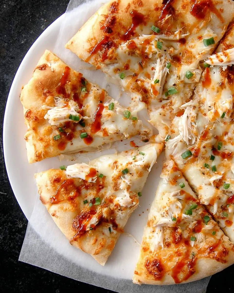 A freshly baked Crab Rangoon Pizza, generously topped with white cheese, shredded crab, sweet chili drizzle, and green onions, sliced on a white plate.