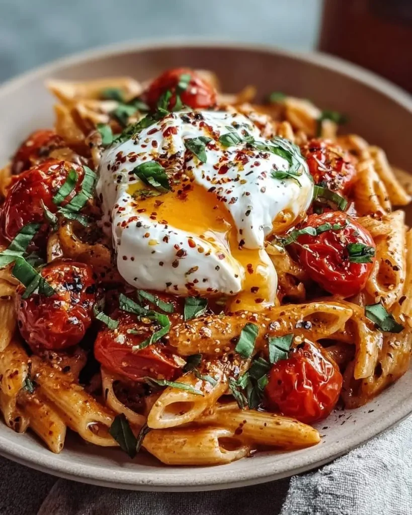 A close-up of a rustic bowl filled with creamy burrata tomato pasta, garnished with a runny poached egg, fresh basil, and chili flakes.