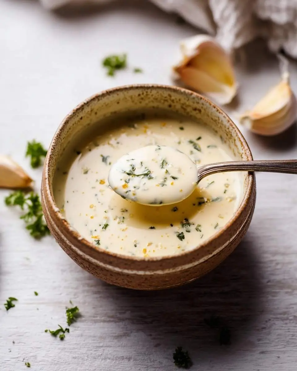 A spoon lifts a dollop of creamy garlic sauce from a rustic bowl, garnished with fresh herbs and surrounded by garlic cloves on a white surface.