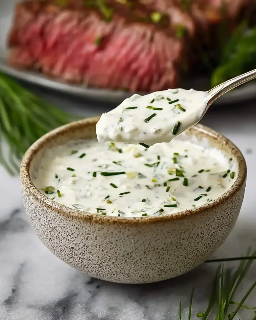 A spoon lifts a dollop of creamy horseradish sauce with fresh chives from a speckled bowl, with a perfectly cooked steak blurred in the background.