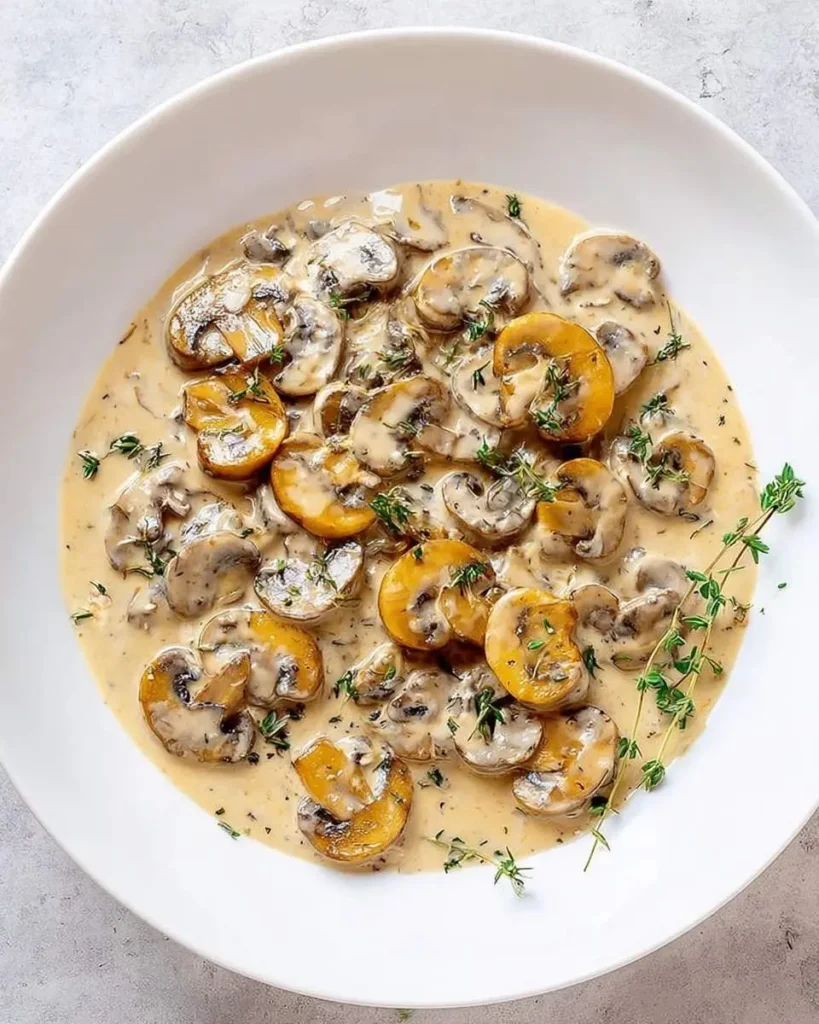 A white bowl filled with a rich and creamy mushroom sauce, generously garnished with fresh thyme sprigs on a light grey background.