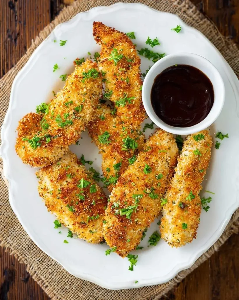 A white plate holds golden brown Crispy Oven Chicken Tenders sprinkled with fresh parsley, served with a side of dark dipping sauce.