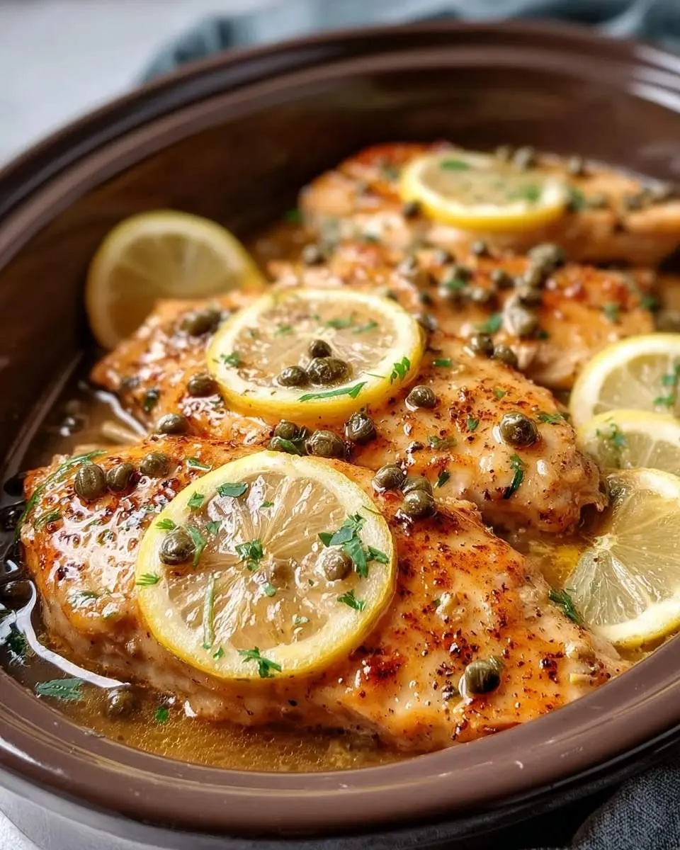 Delicious Crockpot Chicken Piccata in a brown dish, garnished with fresh lemon slices, capers, and parsley.