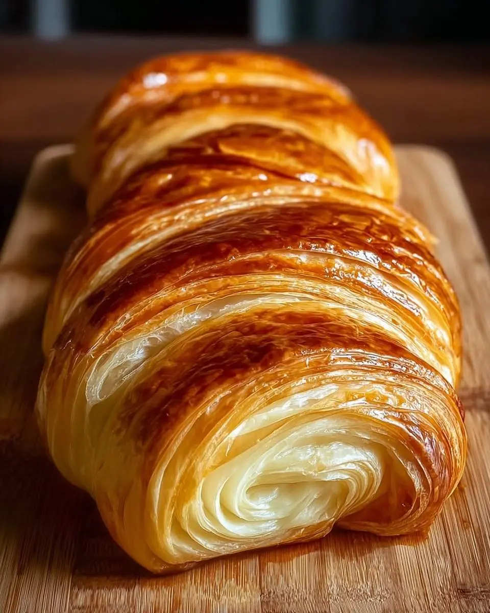 A close-up of a perfectly golden-brown, flaky Croissant Bread on a wooden board, showcasing its delicate, buttery layers.