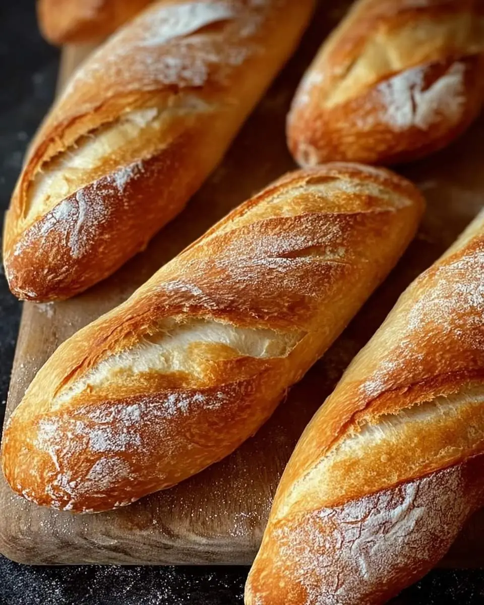 A close-up view of several golden-brown, freshly baked crusty mini baguettes dusted with flour on a wooden board.