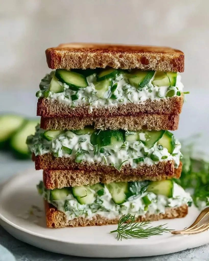 A close-up of three stacked Cucumber Salad Sandwiches with whole wheat bread and a creamy, herby cucumber filling.