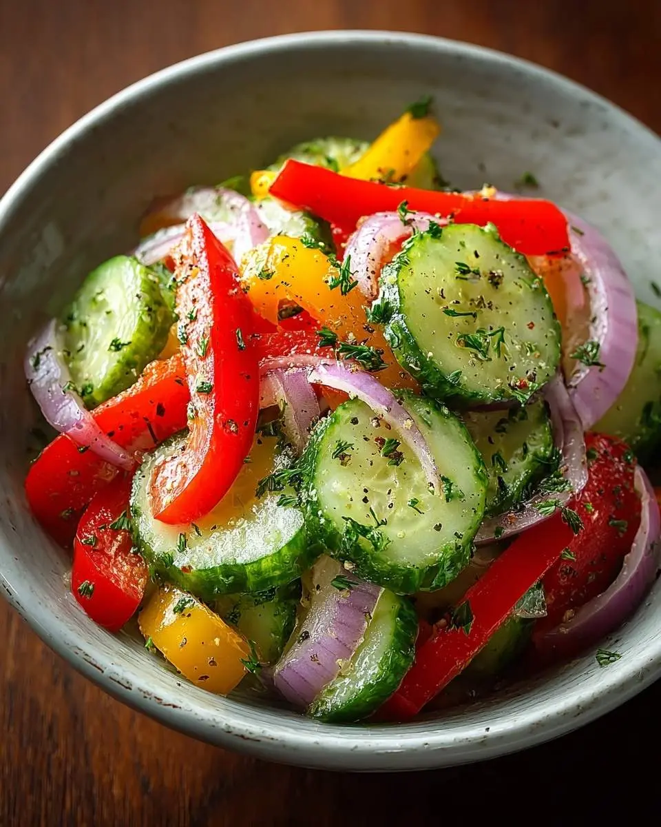 A colorful Cucumber Sweet Pepper Salad in a bowl, with sliced cucumbers, red and yellow bell peppers, red onion, and fresh herbs.