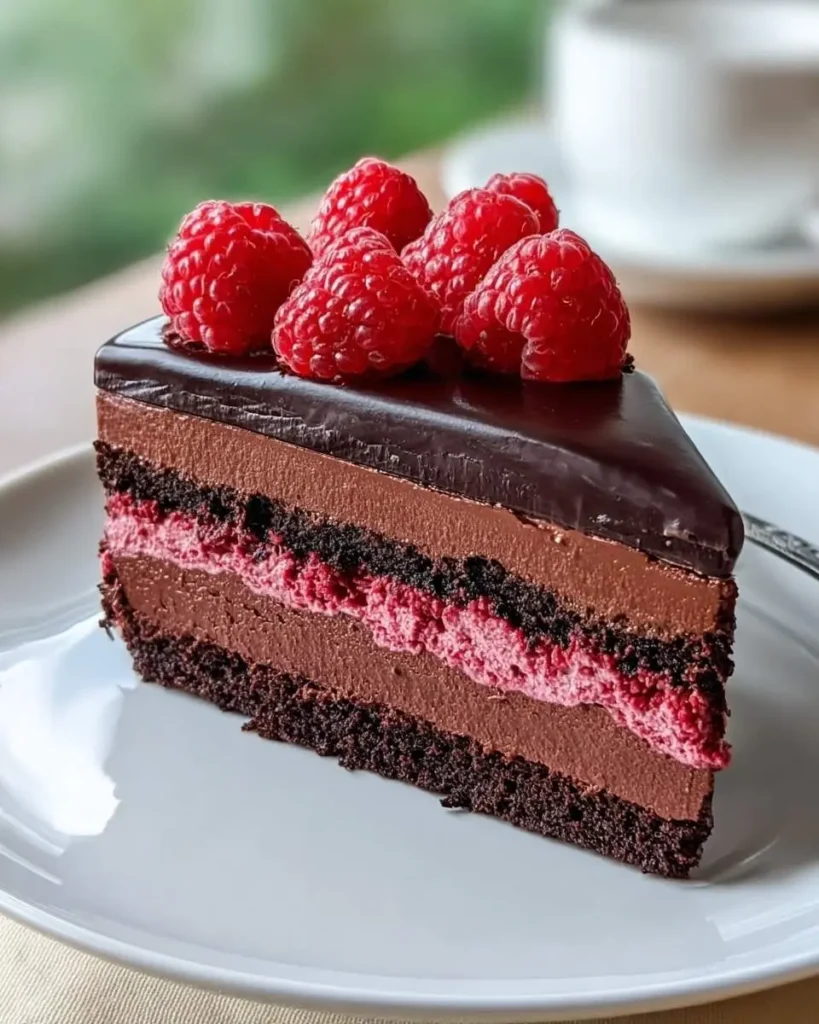 A decadent slice of Dark Chocolate Raspberry Mousse Cake with luscious layers and fresh raspberries on top.