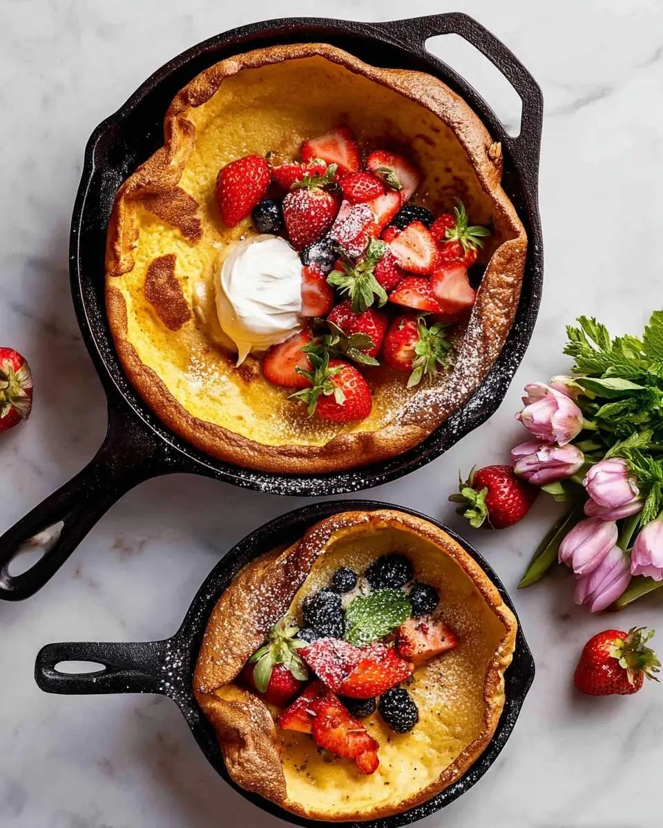 Two delicious Dutch Baby pancakes in cast iron skillets, topped with fresh berries, whipped cream, and powdered sugar.
