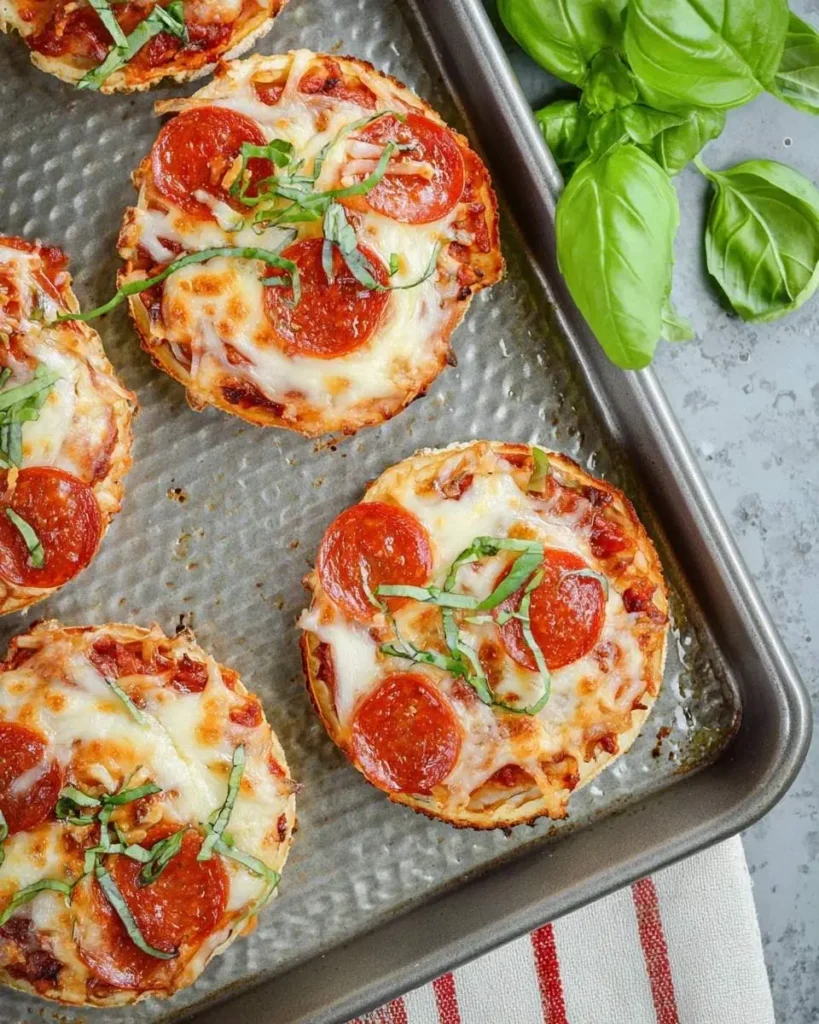 An overhead view of several delicious pepperoni english muffin pizzas on a baking sheet, garnished with fresh basil.