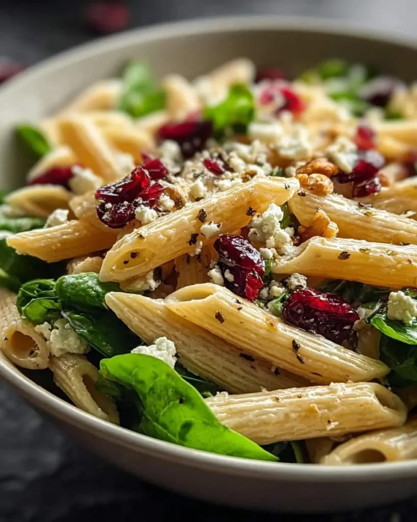 A vibrant bowl of Feta and Cranberry Penne Salad featuring penne pasta, fresh spinach, crumbled feta, dried cranberries, and walnuts.