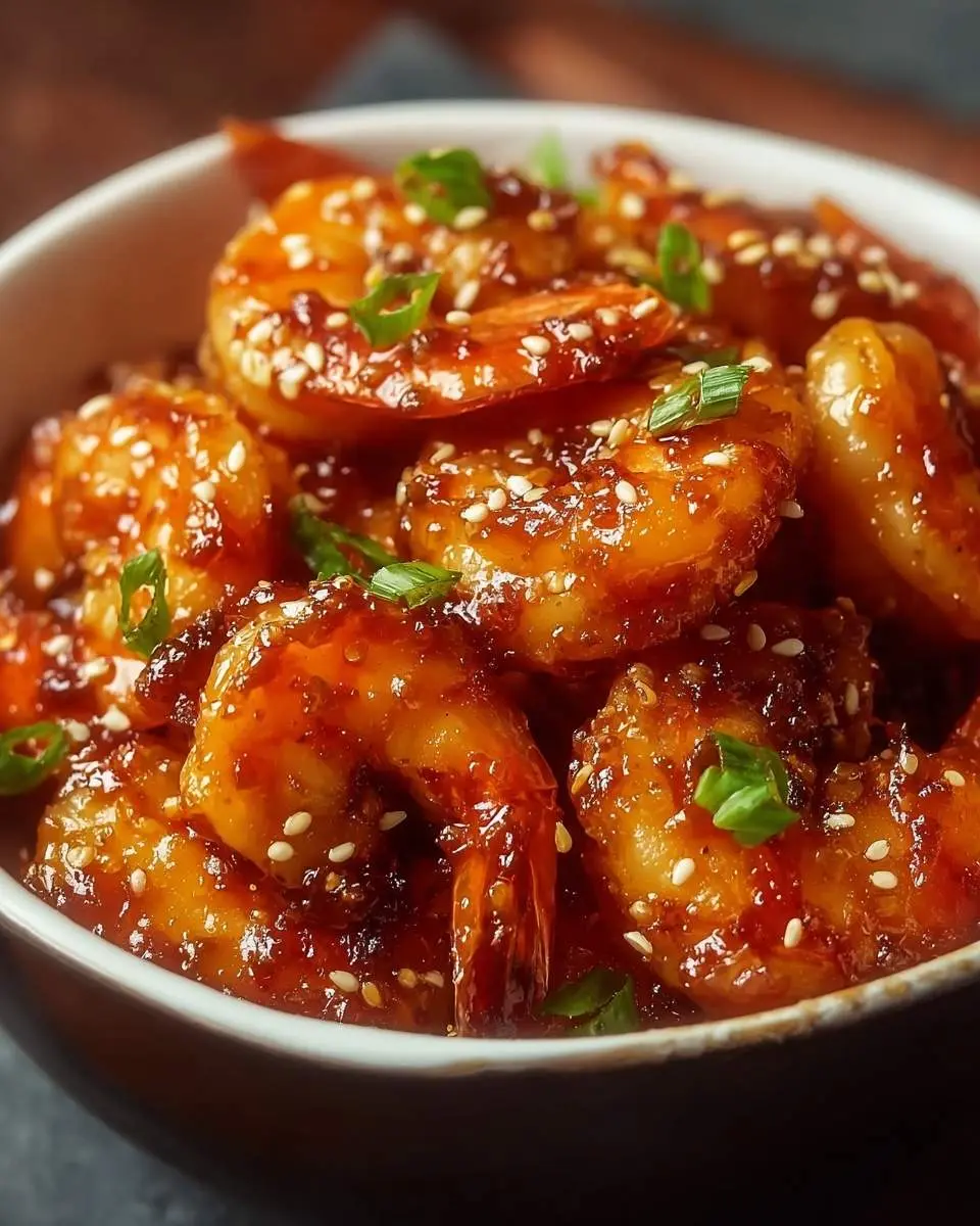 Close-up of glossy Firecracker Shrimp in a bowl, coated in a rich sauce and sprinkled with sesame seeds and chopped green onions.