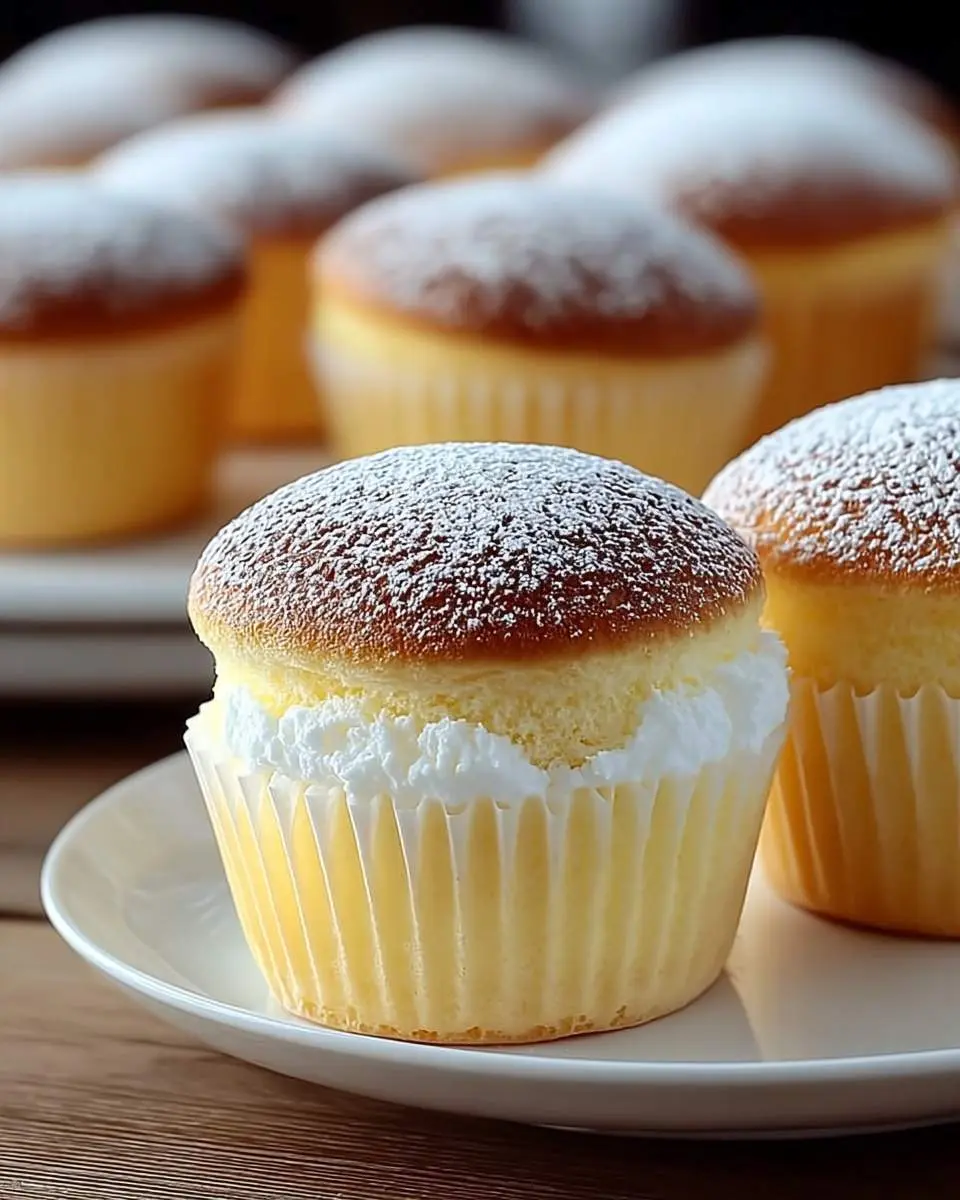 A close-up of a delightful Fluffy Japanese Cotton Cupcake with whipped cream and powdered sugar, with more blurred in the background.