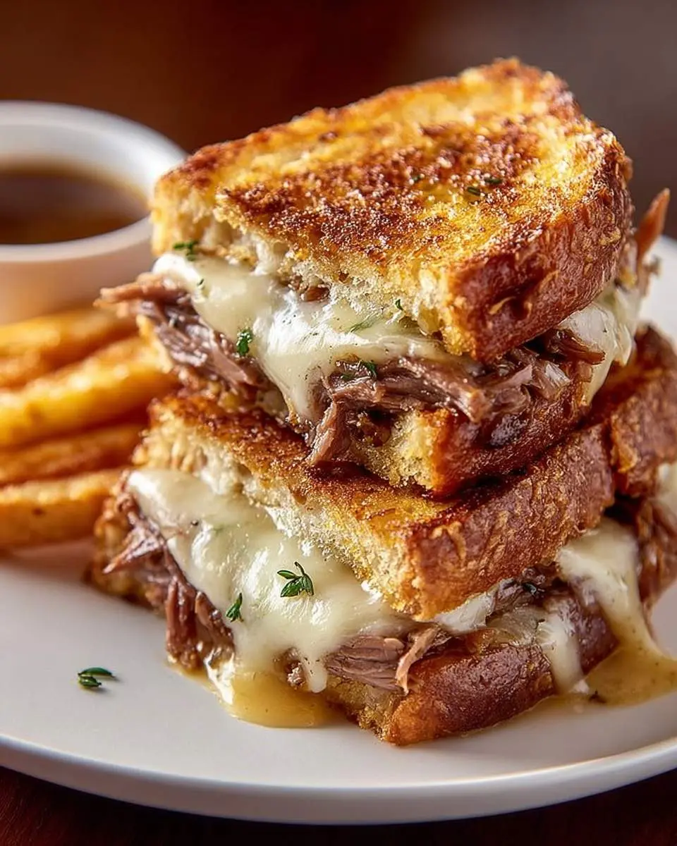 A stacked French Dip Grilled Cheese sandwich with melted cheese, shredded beef, and golden toasted bread, served with au jus and fries.