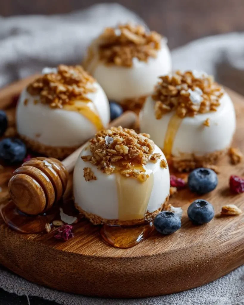 Close-up of four delicious frozen honey yogurt bites on a wooden board, topped with granola, honey, and fresh blueberries.