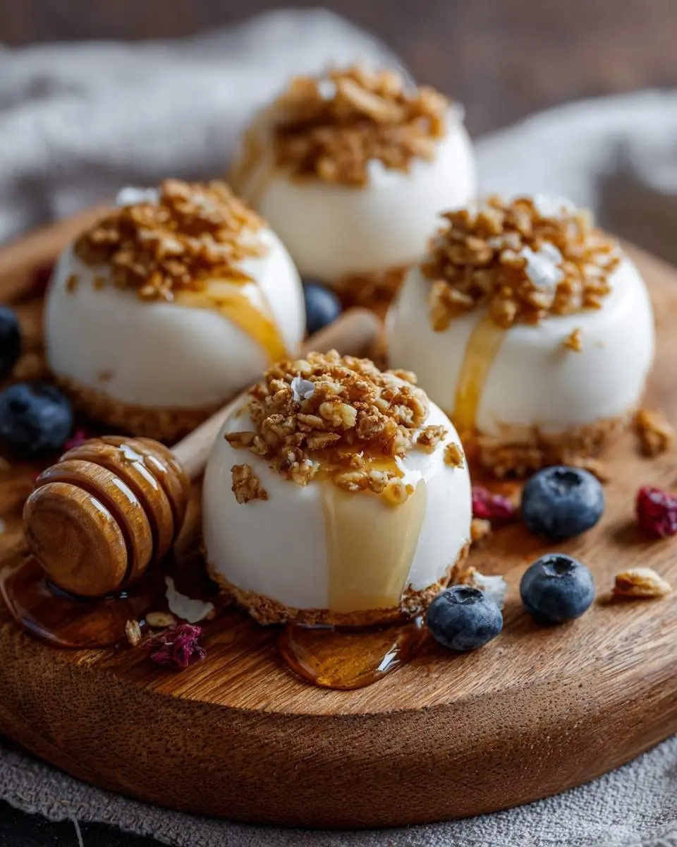 Close-up of four delicious frozen honey yogurt bites on a wooden board, topped with granola, honey, and fresh blueberries.