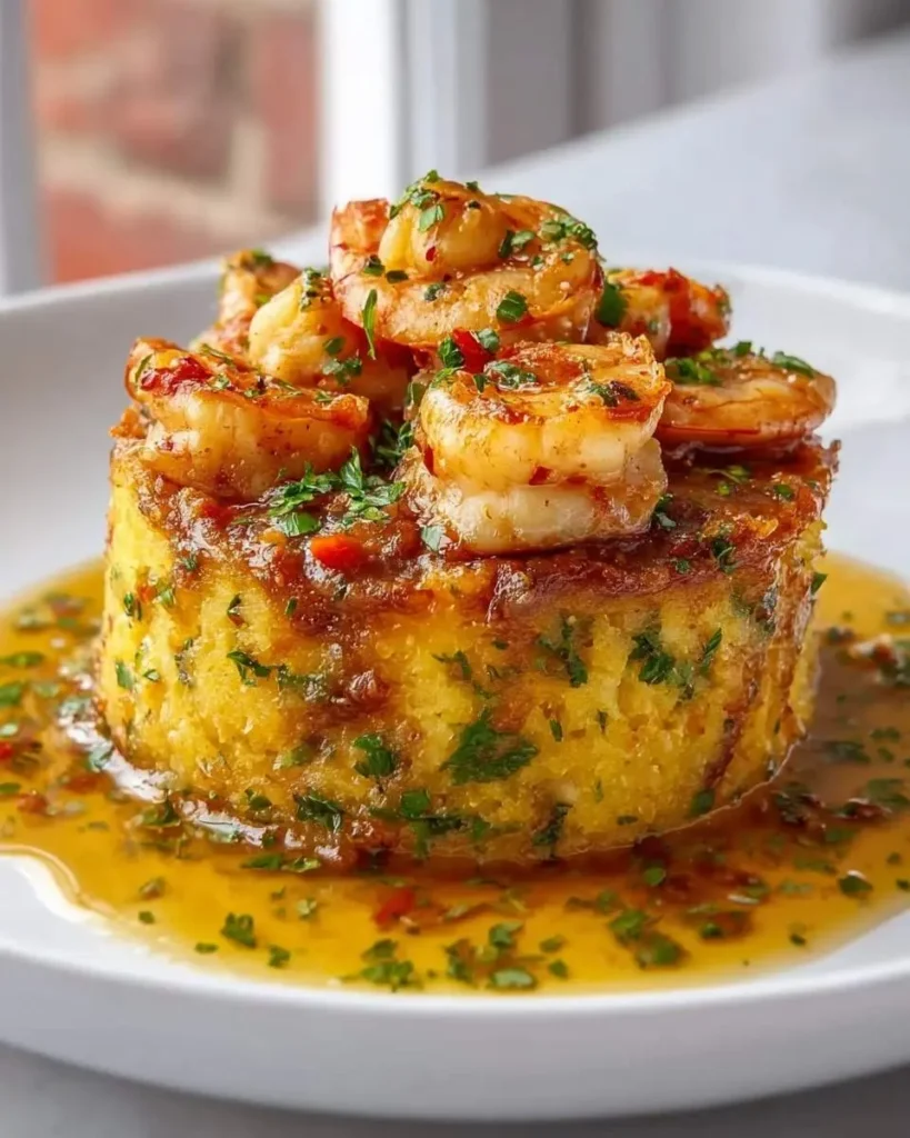 Close-up of a beautifully plated Garlic Shrimp Mofongo featuring golden fried plantain base, topped with juicy shrimp and rich sauce.