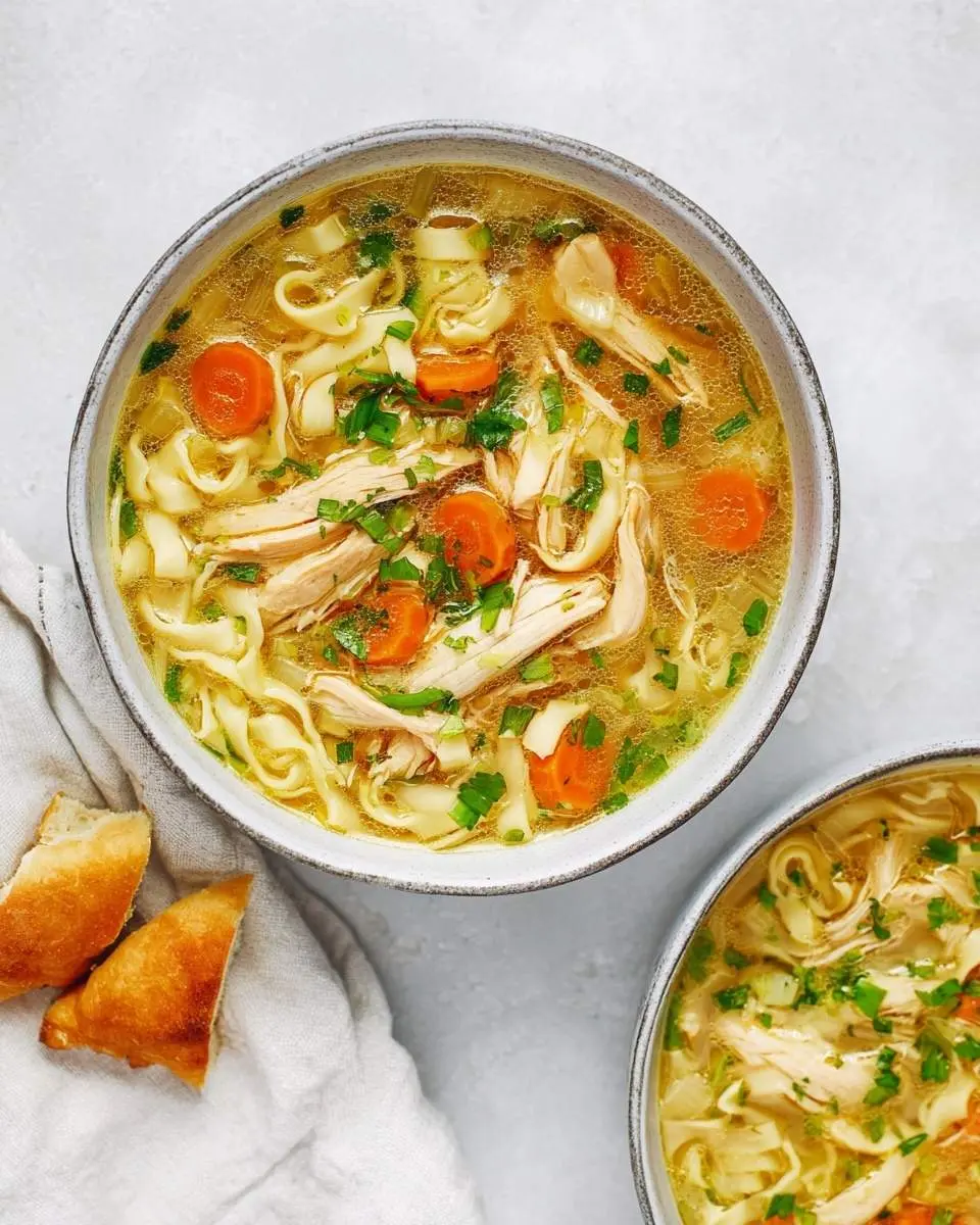 Overhead shot of a delicious bowl of Ginger Garlic Chicken Noodle Soup with wide noodles, shredded chicken, carrots, and fresh herbs, served with crusty bread.