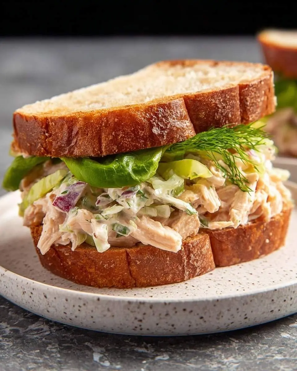 A gourmet chicken salad sandwich on thick toasted bread, garnished with fresh dill and lettuce, perfect for a Gordon Ramsay Chicken Sandwich inspired meal.