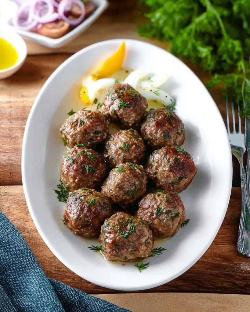 A white oval platter filled with golden-brown Greek Beef Meatballs, garnished with fresh dill, lemon, and sliced onion.