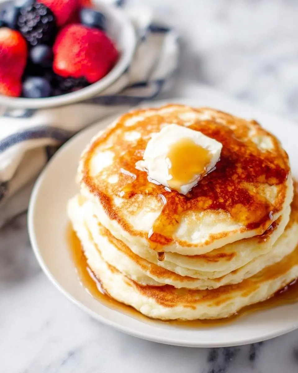 A close-up of a stack of fluffy greek yogurt pancakes topped with butter and dripping with maple syrup, with berries in the background.