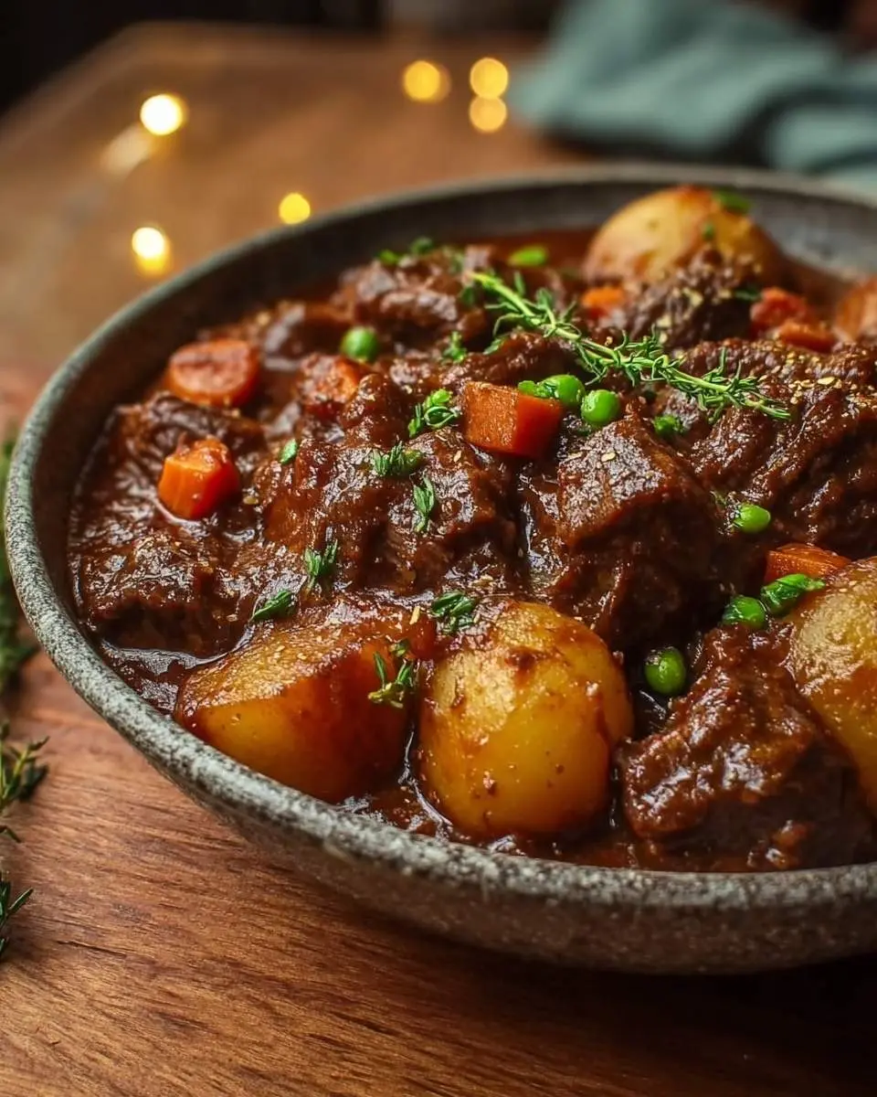 A hearty bowl of rich guinness beef stew with tender beef, small potatoes, carrots, peas, and fresh thyme, on a wooden table.