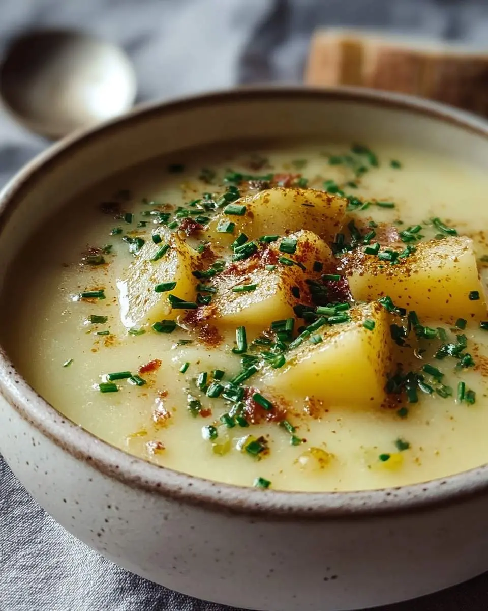 A rustic bowl of creamy Hangover Cure Garlic Potato Soup, garnished with chopped chives, spices, and chunky potato pieces.