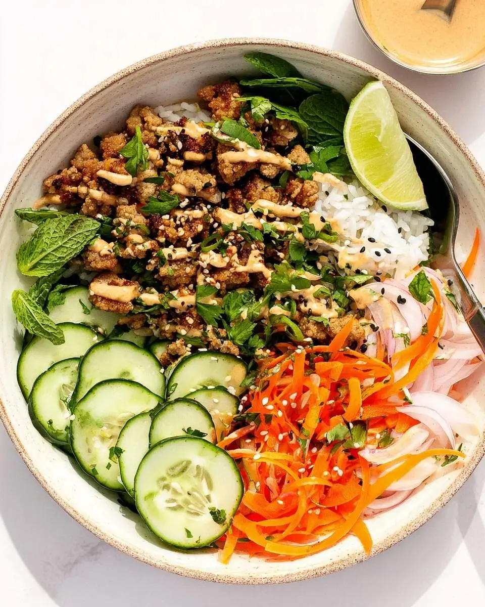 A delicious Healthy Banh Mi Bowl featuring seasoned meat, rice, fresh cucumber, carrots, red onion, herbs, and a savory drizzle.