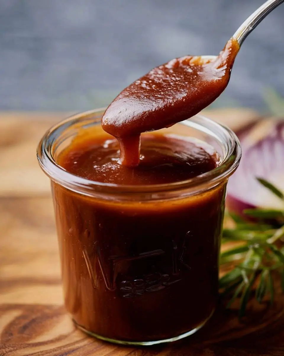 A spoon lifts thick, rich Homemade BBQ Sauce from a glass jar, showing its delicious consistency on a rustic wooden board.