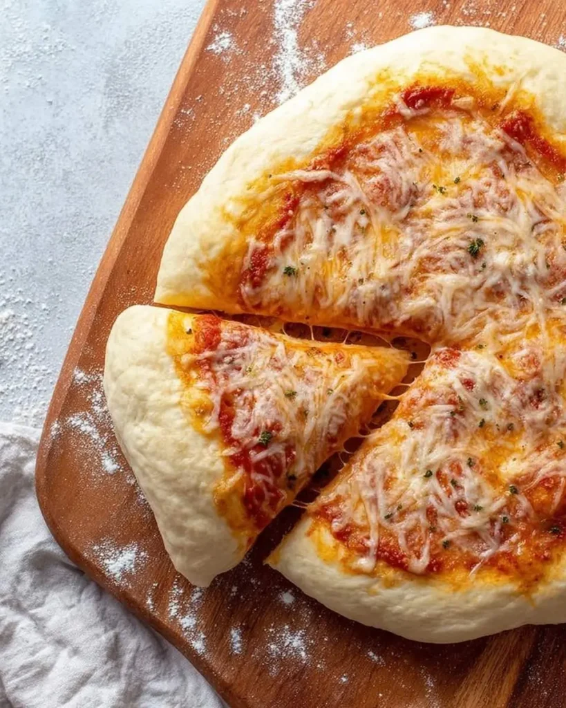 A freshly baked pizza featuring a golden crust from homemade pizza dough, topped with melted cheese and sauce, on a wooden board.