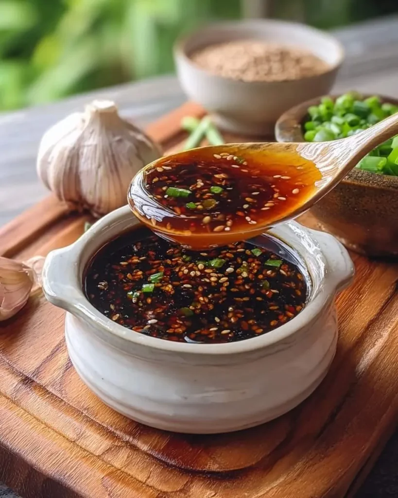 A wooden spoon lifts glistening Homemade Teriyaki Sauce, garnished with sesame seeds and green onions, from a white bowl, with fresh garlic in the background.