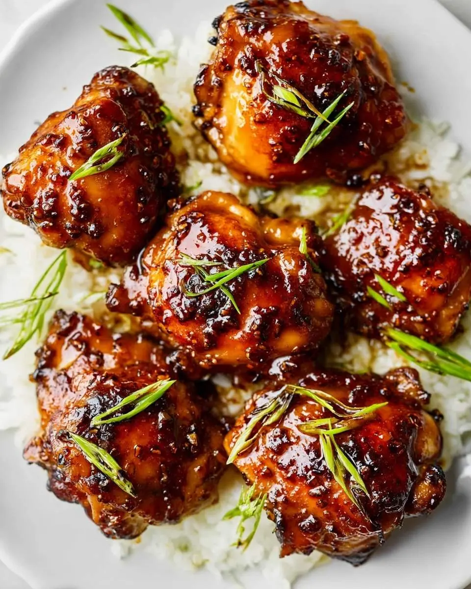 Six glistening Honey Garlic Chicken Thighs, perfectly glazed and garnished with fresh green onions, served on a bed of white rice.