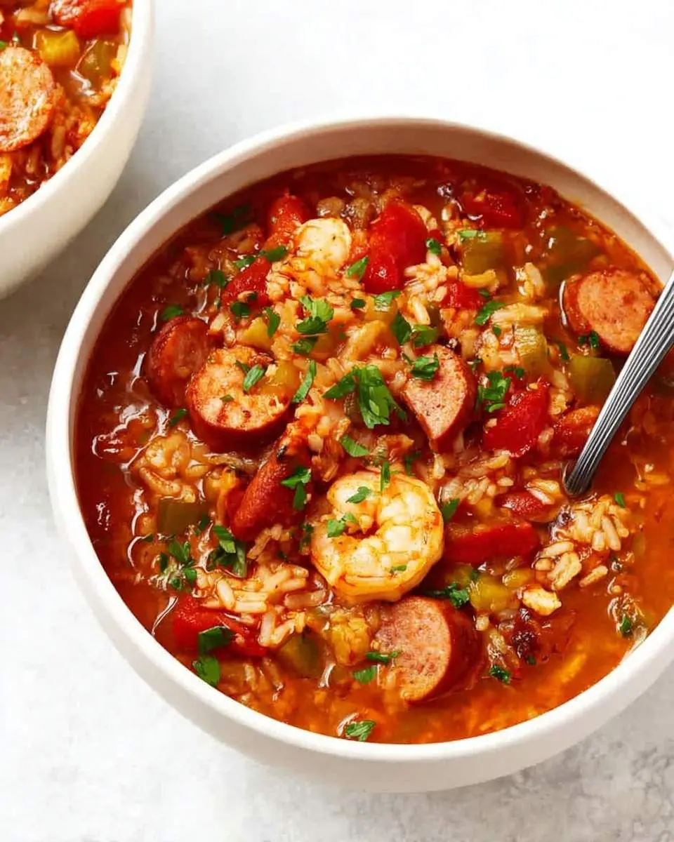 A close-up shot of a bowl of rich Jambalaya Soup filled with shrimp, sausage, rice, and vegetables, garnished with fresh parsley.