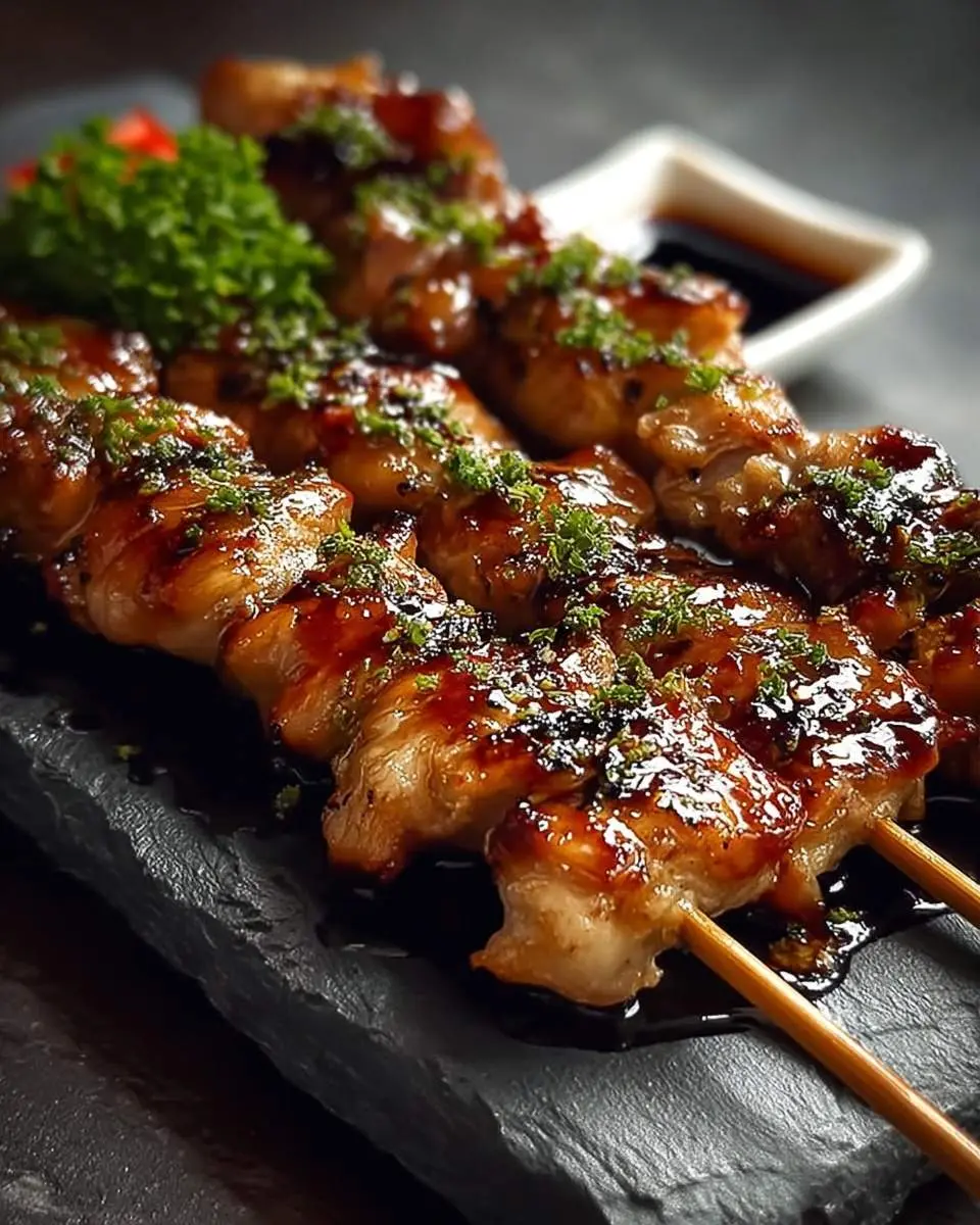 Close-up of several glistening skewers of Japanese Chicken Yakitori, beautifully glazed and garnished with herbs, presented on a dark slate board.